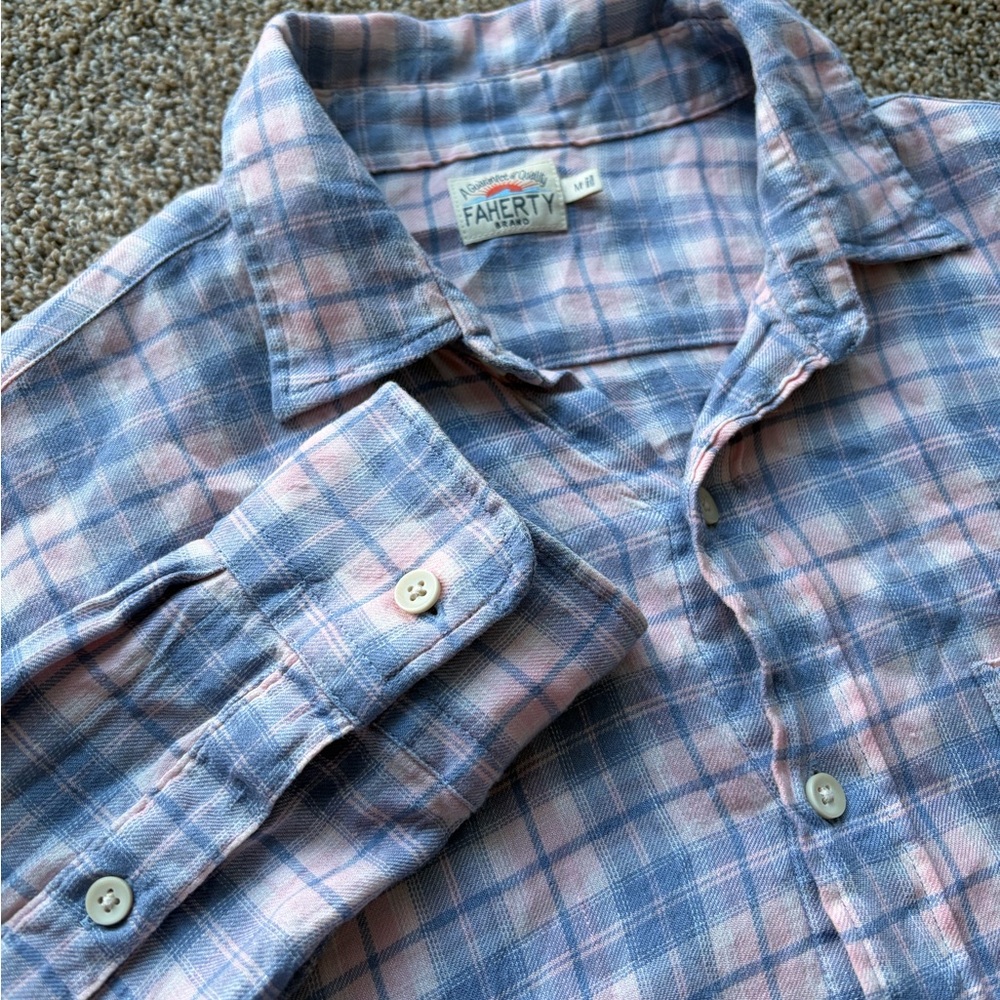 Faherty Morning Breeze Linen Blend Blue and Pink Checkered Plaid Button Up Shirt